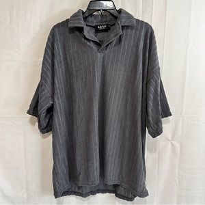 Boohoo Man Striped Towelling Oversized Revere Polo in Charcoal Grey Size Large